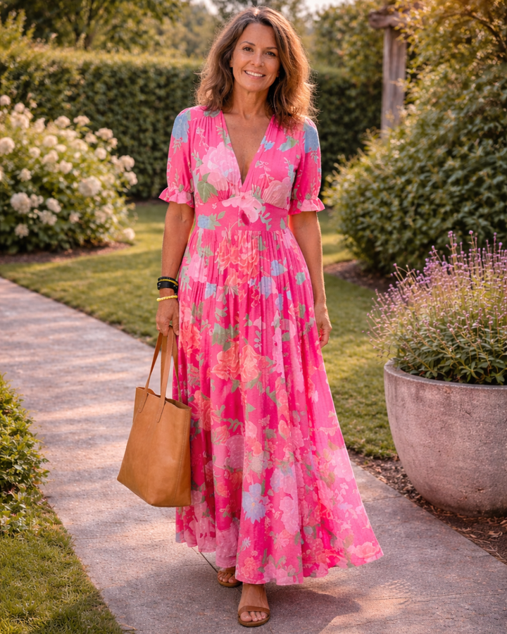 Kurzes ärmelloses V-Ausschnitt Blumen-Midi-Kleid (kopie)
