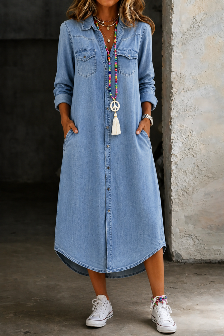 Helen | Lässiges elegantes langes Denim-Hemdkleid