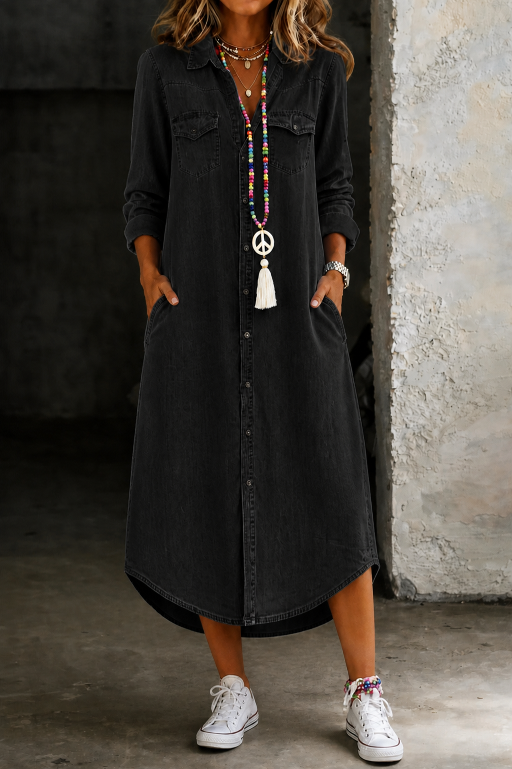 Helen | Lässiges elegantes langes Denim-Hemdkleid