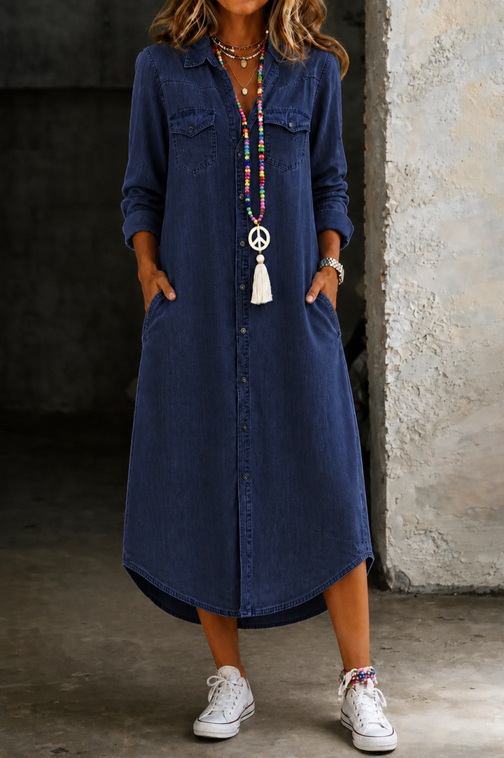 Helen | Lässiges elegantes langes Denim-Hemdkleid