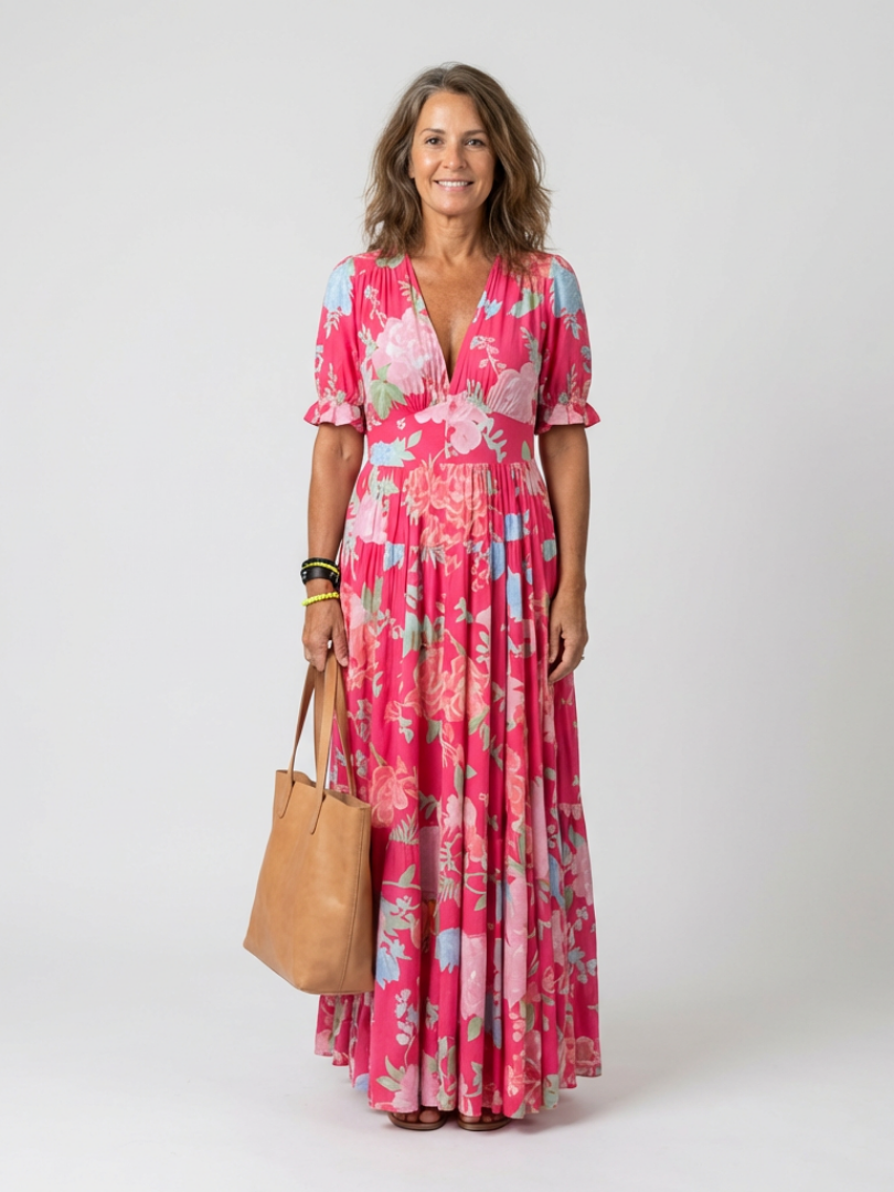 Kurzes ärmelloses V-Ausschnitt Blumen-Midi-Kleid (kopie)