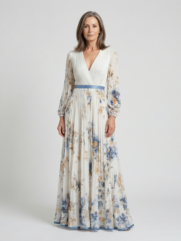 Maxikleid mit langen Ärmeln und V-Ausschnitt im Blumenmuster