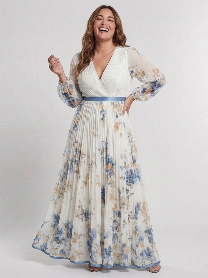 Maxikleid mit langen Ärmeln und V-Ausschnitt im Blumenmuster