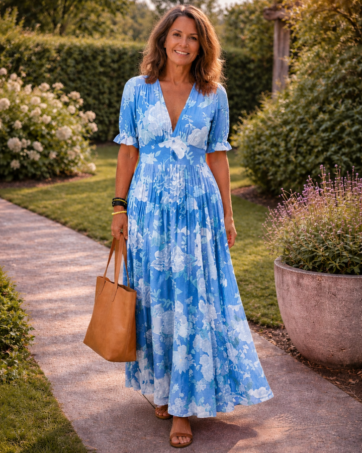 Kurzes ärmelloses V-Ausschnitt Blumen-Midi-Kleid (kopie)